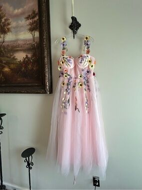 Pink Floral Appliqué Tulle Midi Dress